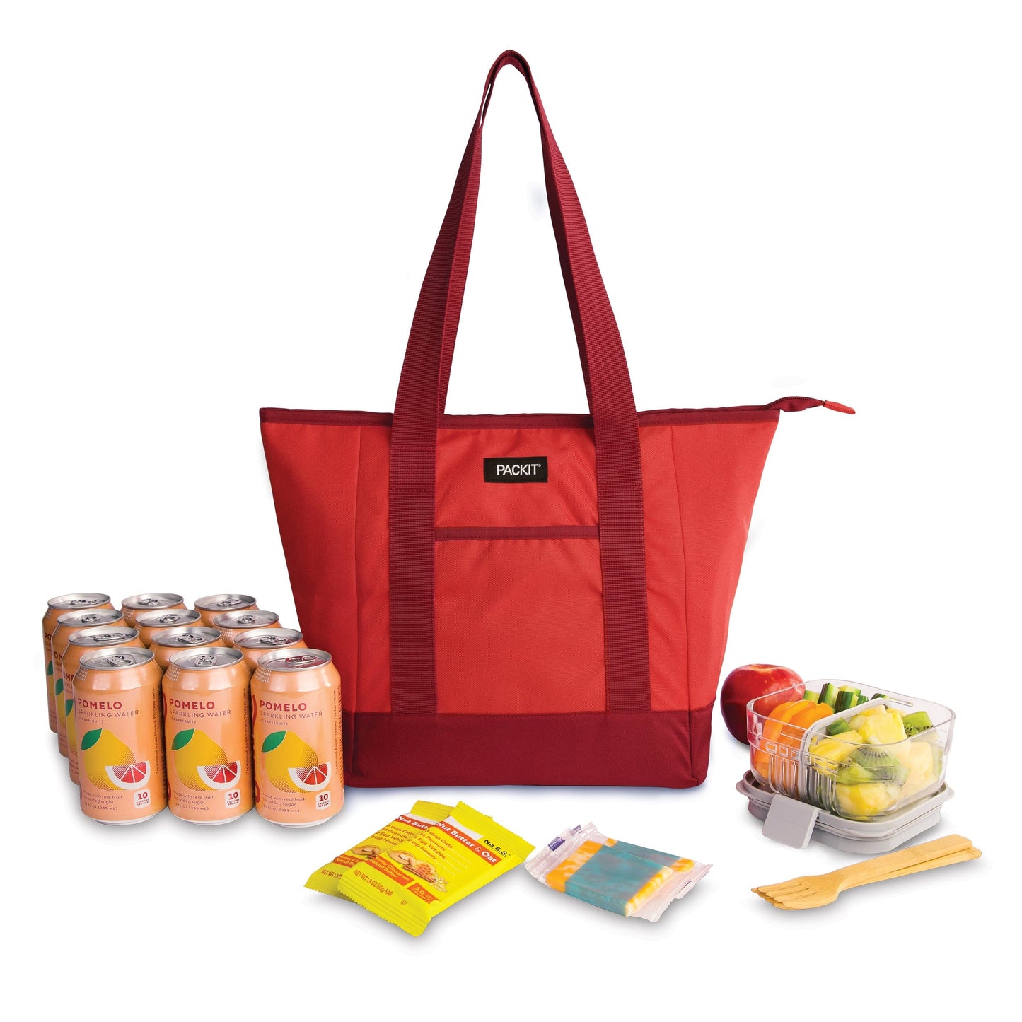 freezable-12-can-tote-cooler-f8 freezable-12-can-tote-cooler-poppy-front-food-combo.jpg