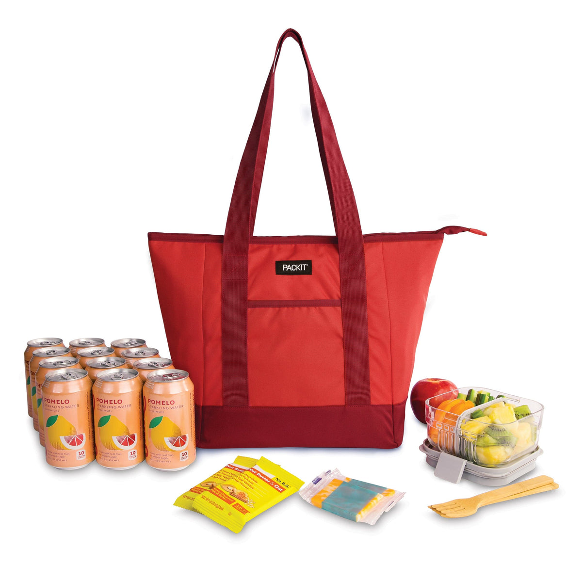 freezable-12-can-tote-cooler-f8 freezable-12-can-tote-cooler-poppy-front-food-combo.jpg